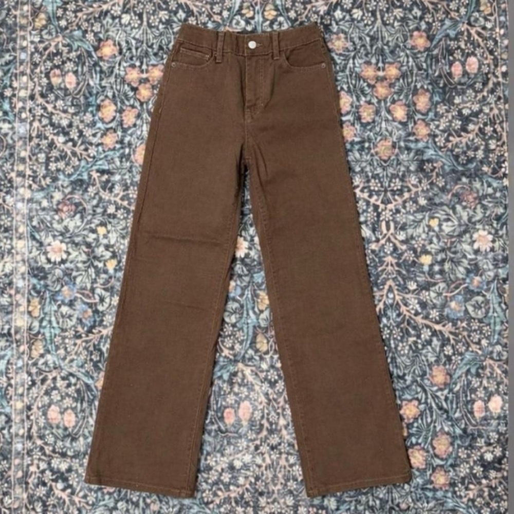 Brown Denim Pants, High Rise Baggy Wide Leg Jeans, 32" Inseam